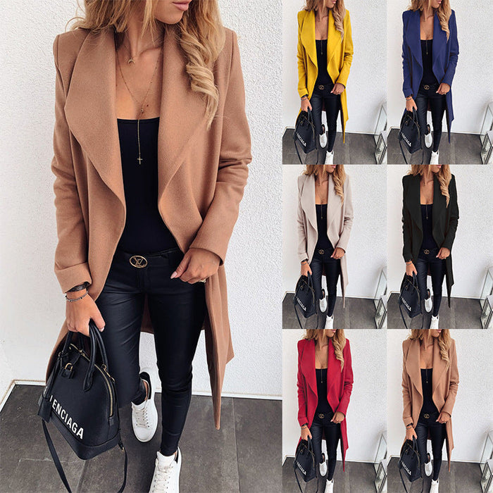 Popular Solid Color Polo Collar Mid-length Lace-up Woolen Coat Trench Coat For Women