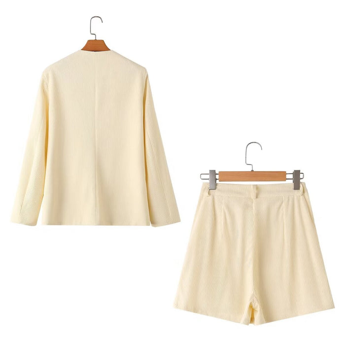 Women Clothing Simple Casual Long Sleeve Light Velvet Core Shorts Set