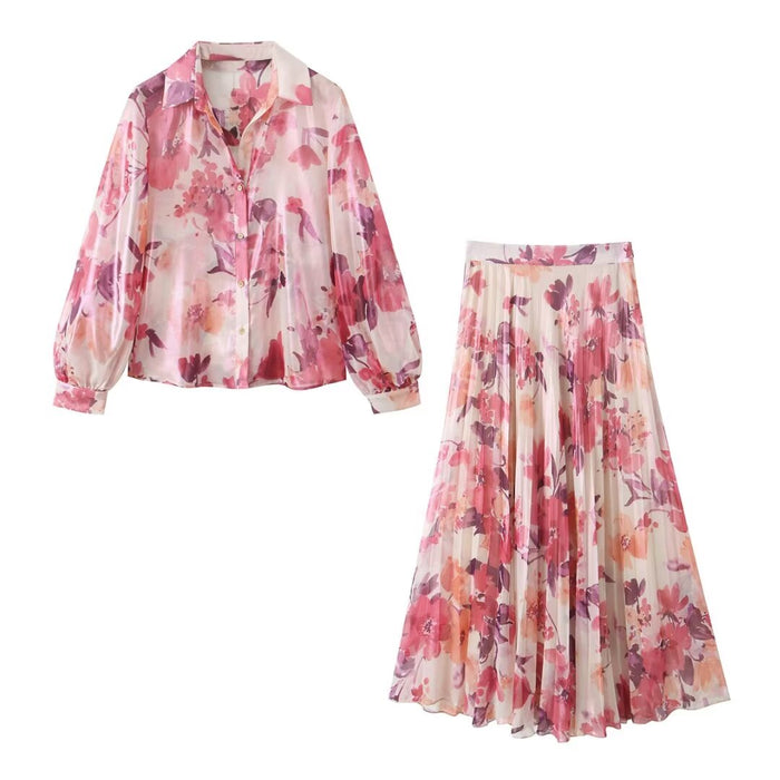 Spring Women Loose Printed Shirt Printed Big Hem Skirt Set