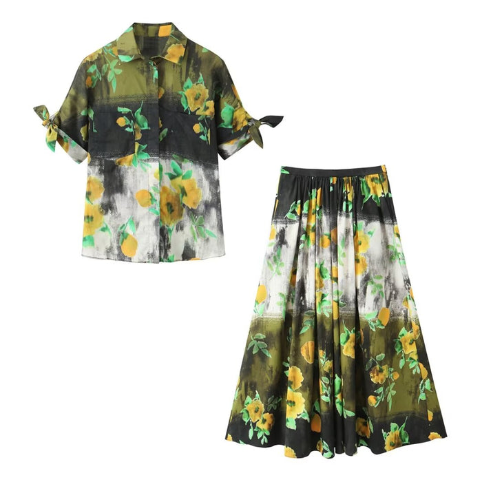 Women Loose Printed Shirt Printed Big Hem Skirt Set