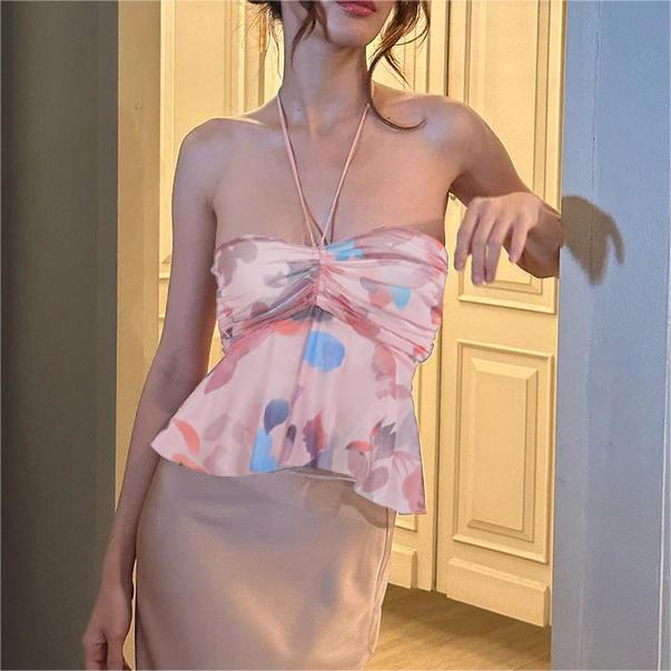 Autumn Color Matching Pleated Slim Vest Fashionable Printed Halter Tube Top for Women