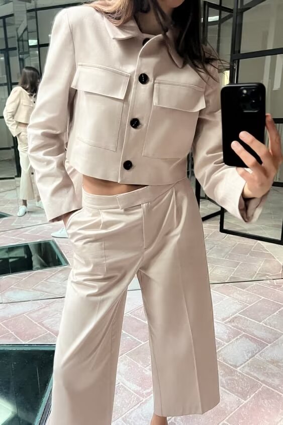 Polo Collar Solid Color Single Breasted Double Pocket Short Casual Jacket High Waist Loose Drooping Wide Leg Pants Suit