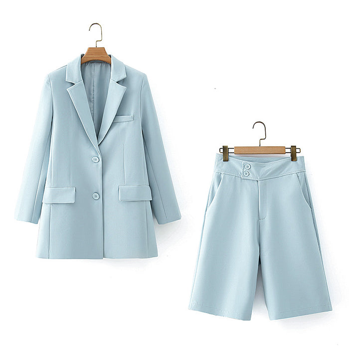 Spring Single Breasted Women Blazer Neutral Shorts Sets