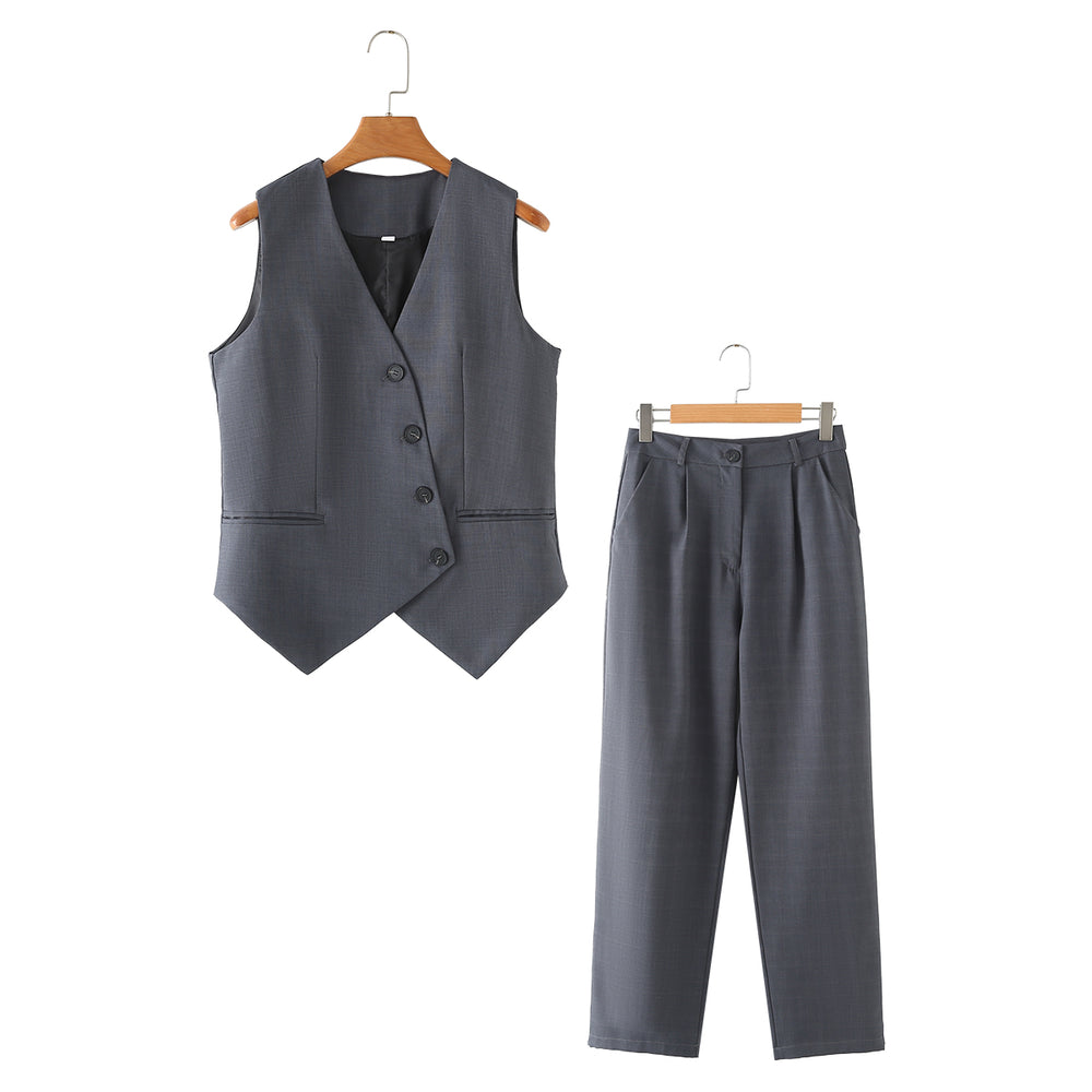 Spring Solid Color V neck Single Row Diagonal Buckle Vest Pleated Casual Trousers Set for Women