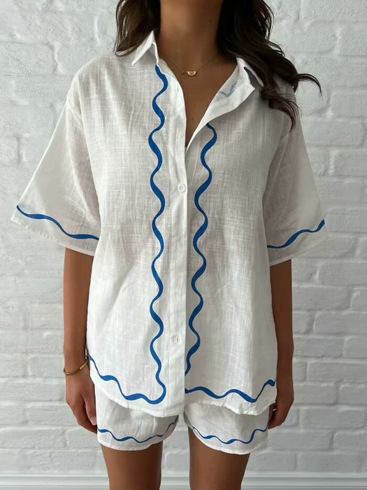 Summer Women Collared Simple Short Cardigan Shirt Casual Two Piece Suit