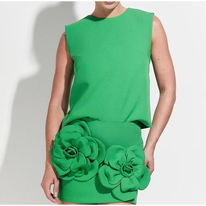 Women Clothing French Slim round Neck Sleeveless Short Top Skirt Set