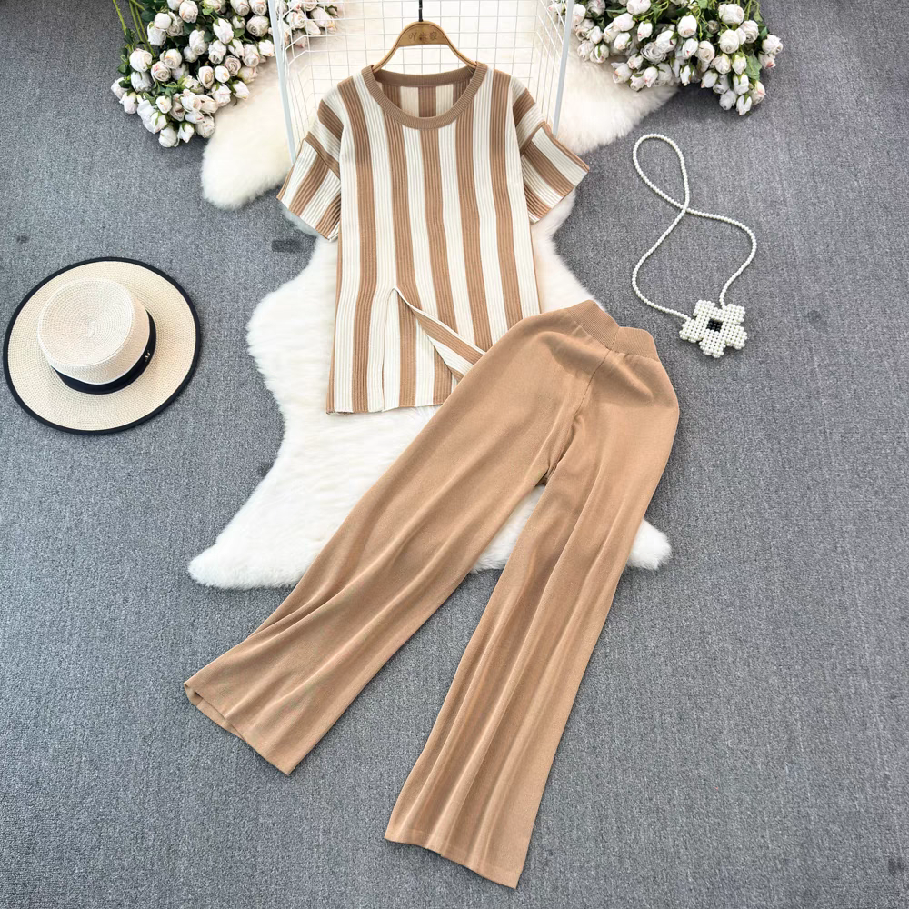 Women New Fashion Simple Stitching Loose Short sleeved Sweater Top High Waist Slimming Wide leg Pants Two piece Set