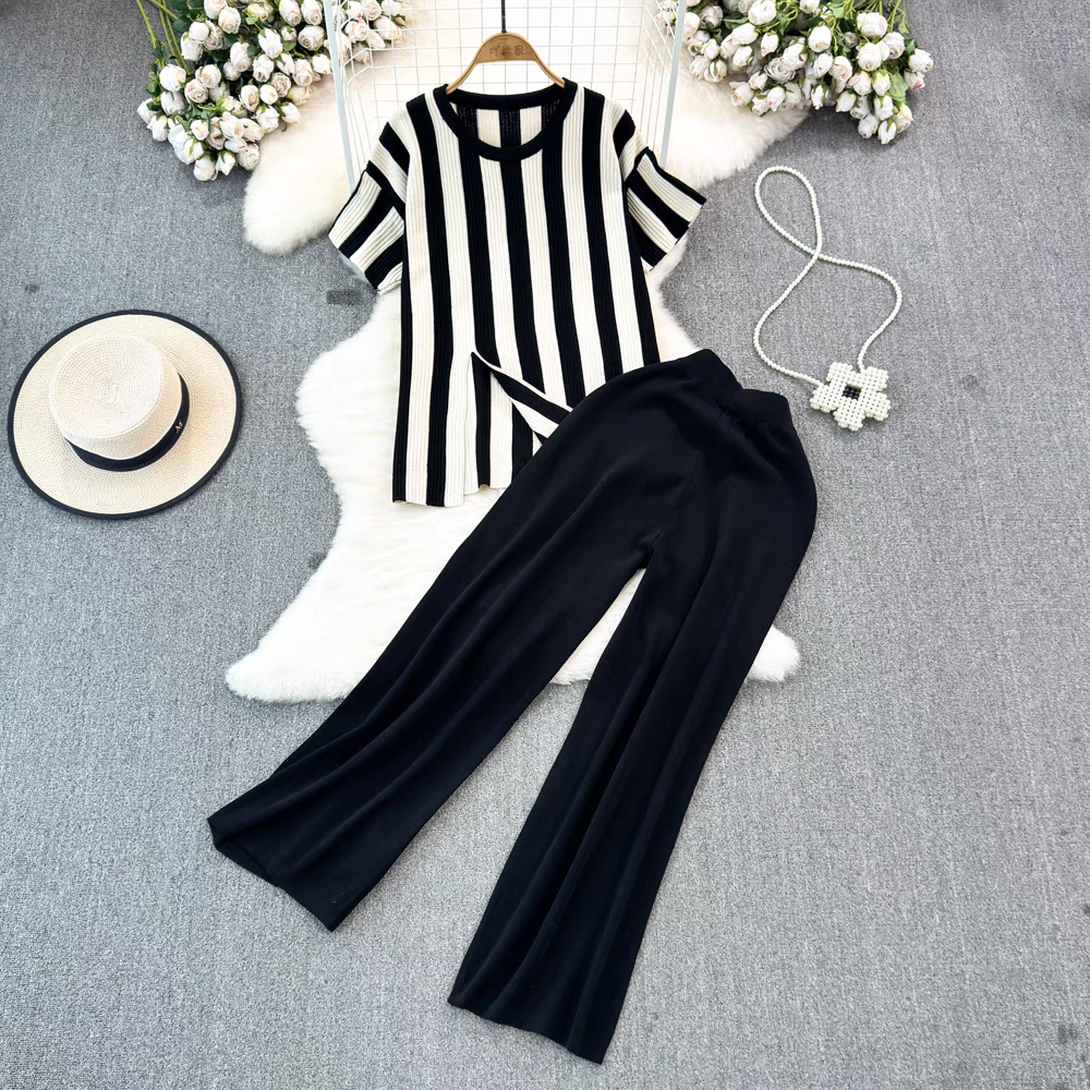 Women New Fashion Simple Stitching Loose Short sleeved Sweater Top High Waist Slimming Wide leg Pants Two piece Set