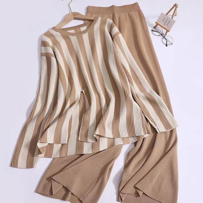 Design Sense Vertical Stripe Round Neck Split Knit Top High Waist Wide Leg Pants Fashion Two piece Set