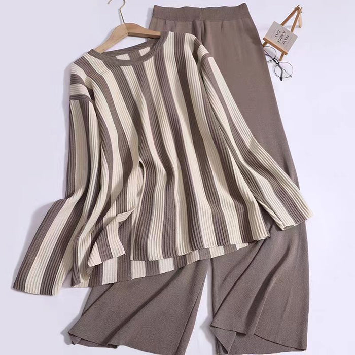 Design Sense Vertical Stripe Round Neck Split Knit Top High Waist Wide Leg Pants Fashion Two piece Set