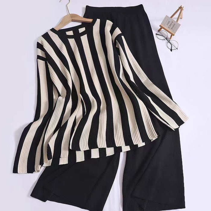 Design Sense Vertical Stripe Round Neck Split Knit Top High Waist Wide Leg Pants Fashion Two piece Set