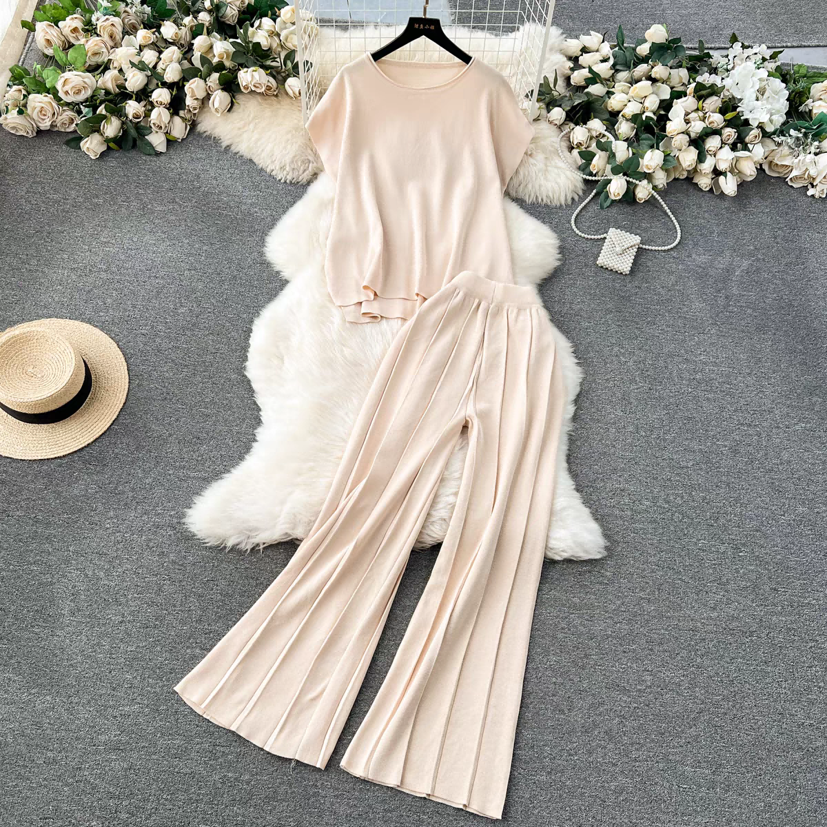 Women Lazy Style Wear Solid Color Knitted Top Loose Slimming High Waist Wide Leg Pants Fashion Two piece Suit Spring Clothes