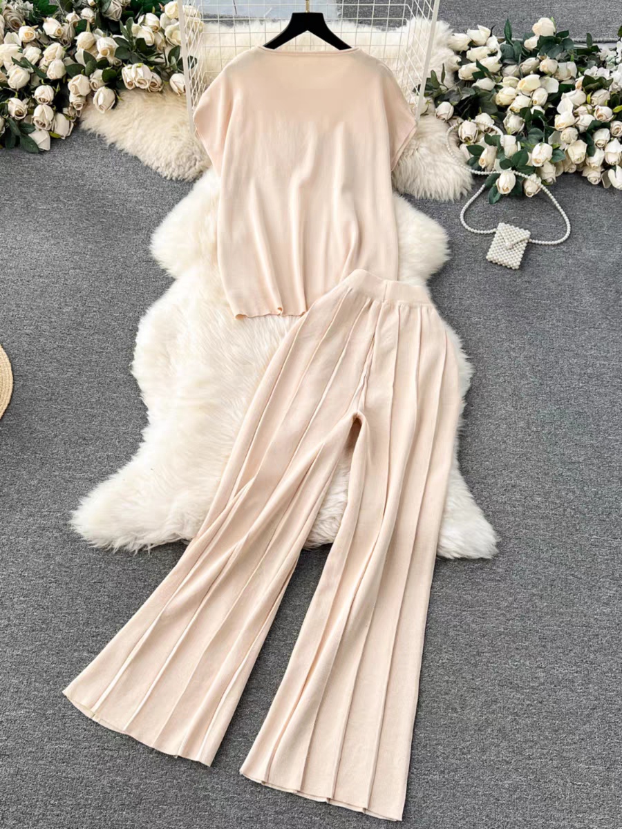 Women Lazy Style Wear Solid Color Knitted Top Loose Slimming High Waist Wide Leg Pants Fashion Two piece Suit Spring Clothes