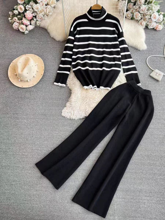 Spring Autumn Striped Minimalist Knitted Two Piece Turtleneck Sweater Loose Casual Knitted Suit Women