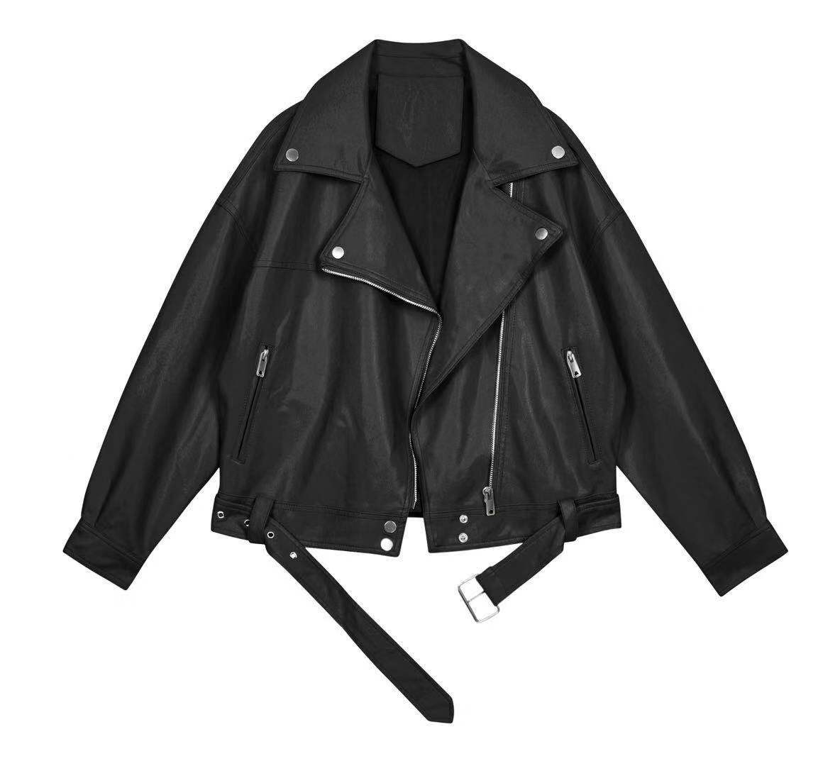 Motorcycle Leather Coat for Women Autumn Tailored Collar Korean Loose Boyfriend Handsome Faux Leather Jacket Short Coat