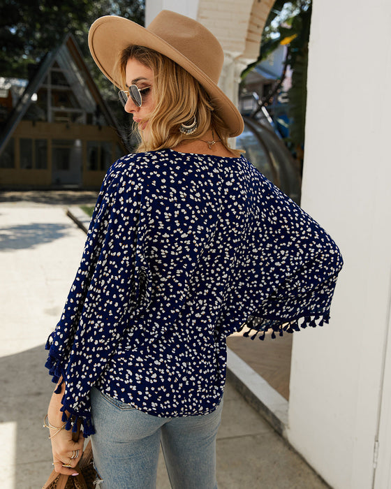 Women Clothing Polka Dot Tassel Top T shirt Autumn Winter Shirt