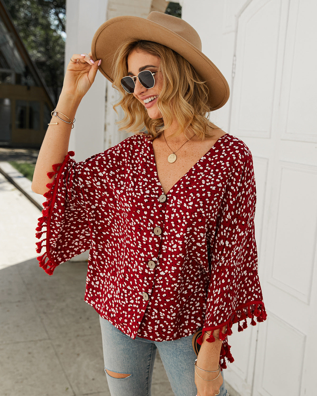 Women Clothing Polka Dot Tassel Top T shirt Autumn Winter Shirt