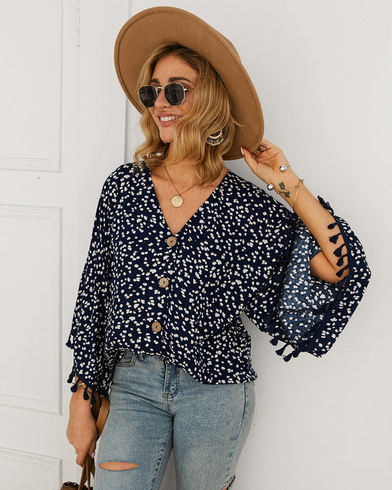 Women Clothing Polka Dot Tassel Top T shirt Autumn Winter Shirt