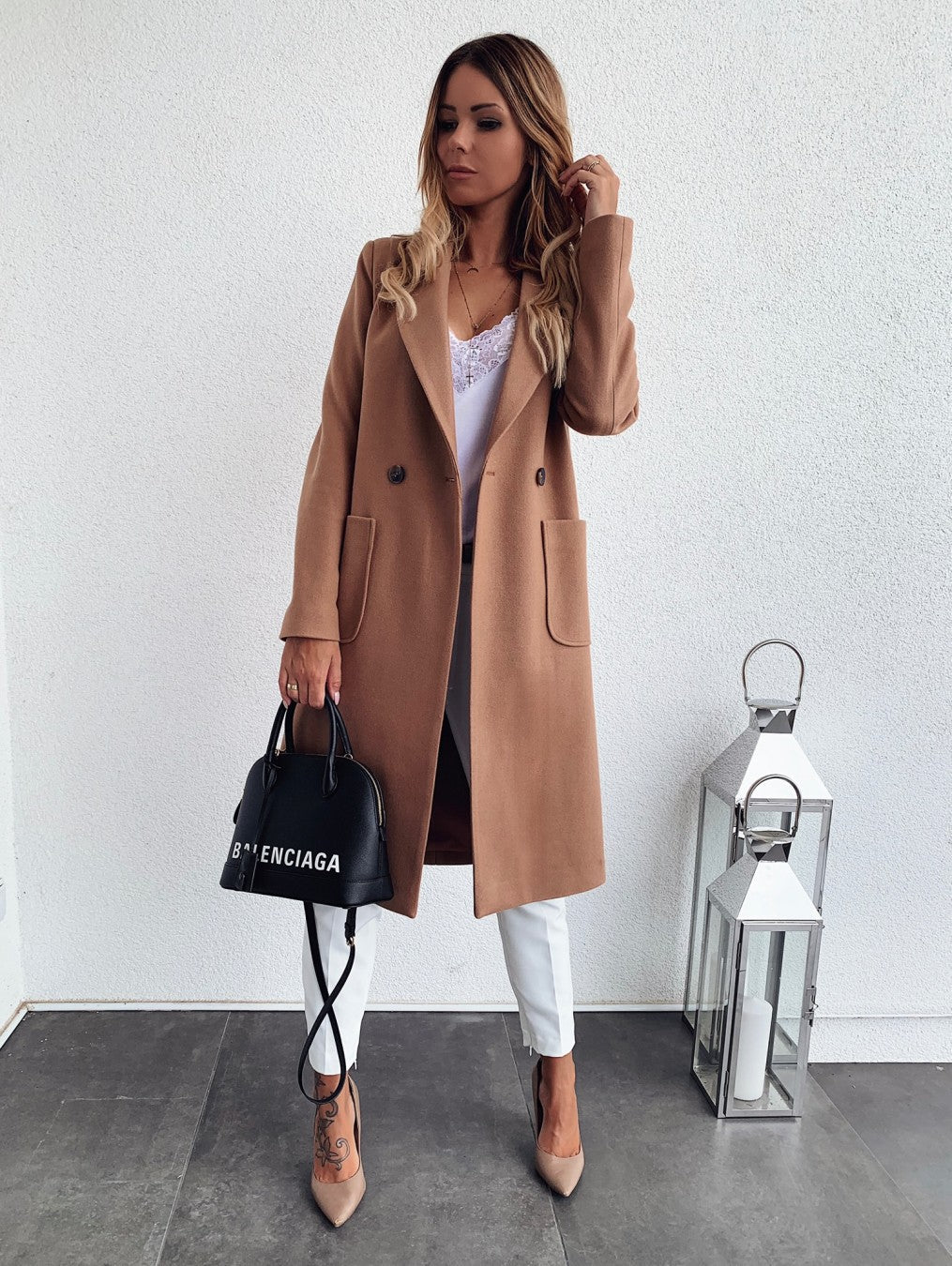 Popular Autumn Winter Solid Color Long Sleeve Double Pocket Collar Woolen Coat For Women Plus Size