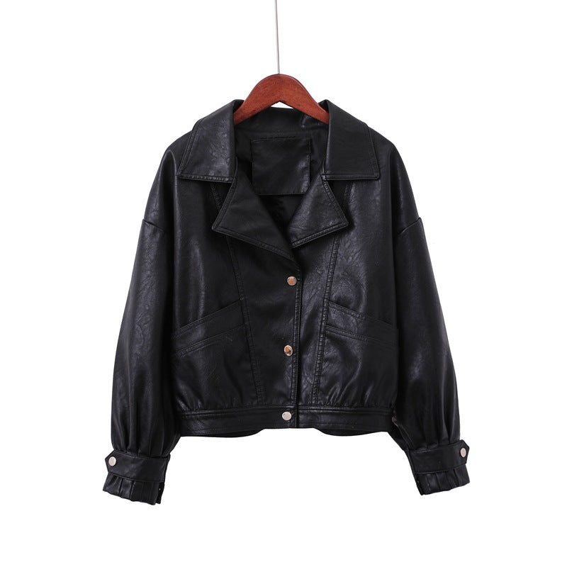 Collared Large Pocket Single Breasted Women Short Loose Design Faux Leather Coat Motorcycle Clothing Coat