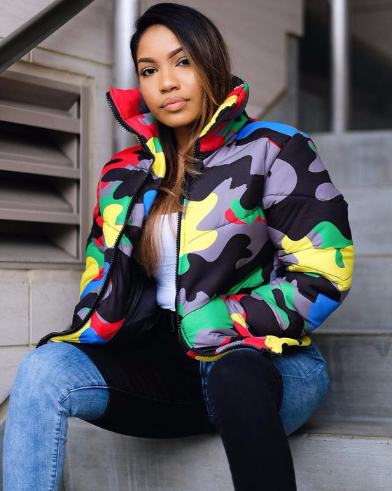 Women Clothing  Wearable Colorful Camouflage Printing Dyeing Bread Coat down Jacket Cotton-Padded Jacket