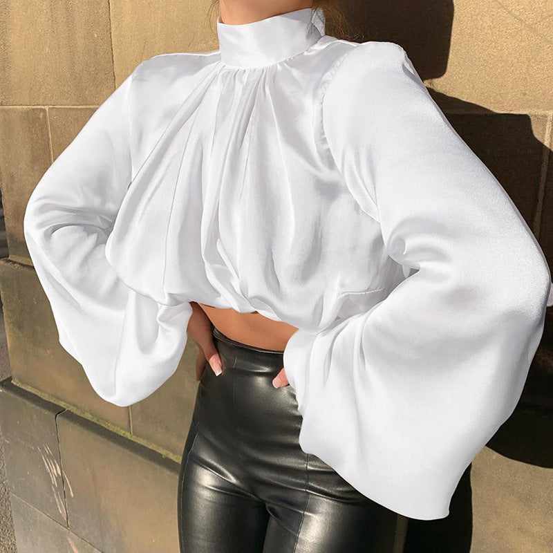 Sexy Bottoming T-shirt Women Spring Loose Forged Surface Pleating Bishop Sleeves Top