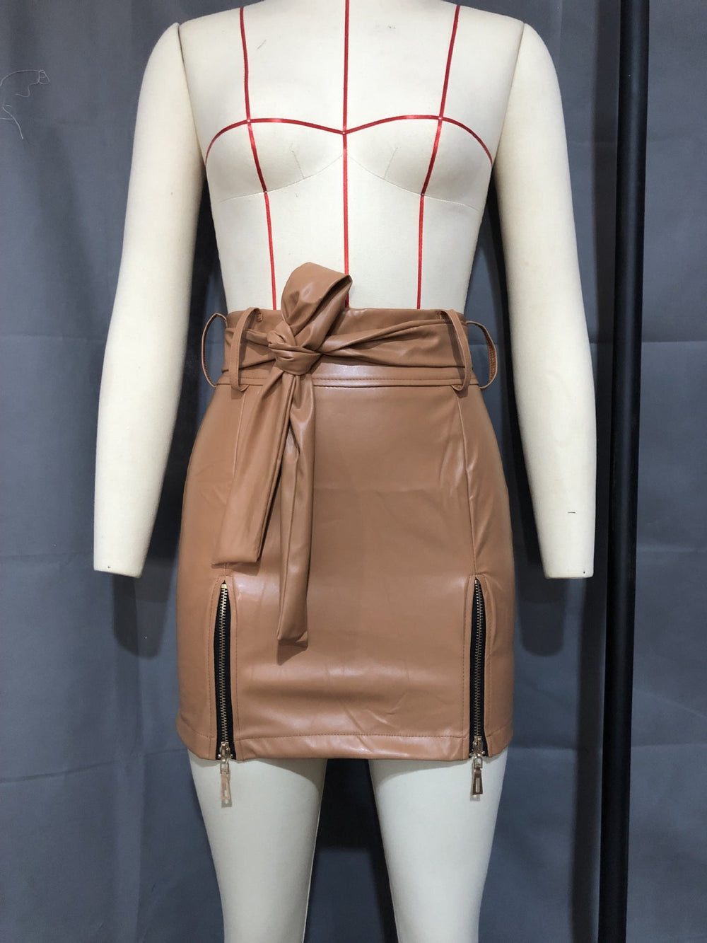 Leather Skirt Faux Leather Sexy Lace-up Zipper High Waist Sheath Skirt