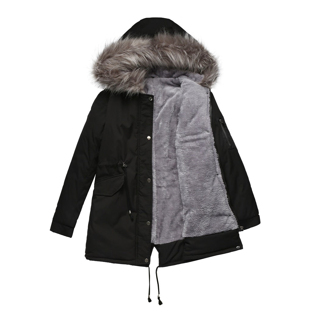 Size Big Fur Collar Thickened Women Cotton-Padded Coat Mid-Length Hooded Winter Warm Fleece Overcoat Cotton-Padded Coat