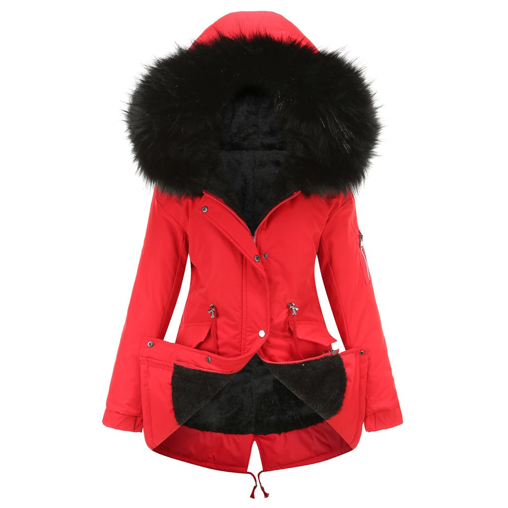 Size Big Fur Collar Thickened Women Cotton-Padded Coat Mid-Length Hooded Winter Warm Fleece Overcoat Cotton-Padded Coat