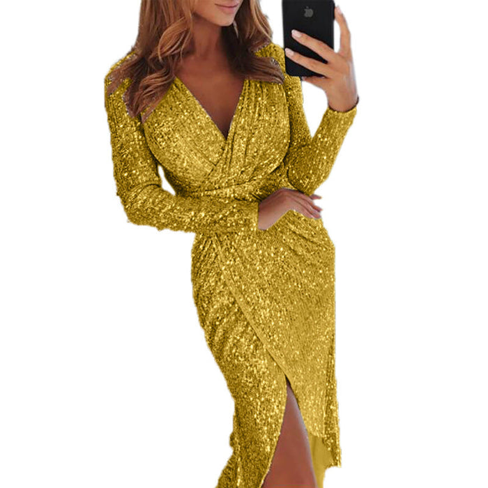 Women Gilding Long Sleeve V Neck Shiny Dress Dinner Sexy Dress