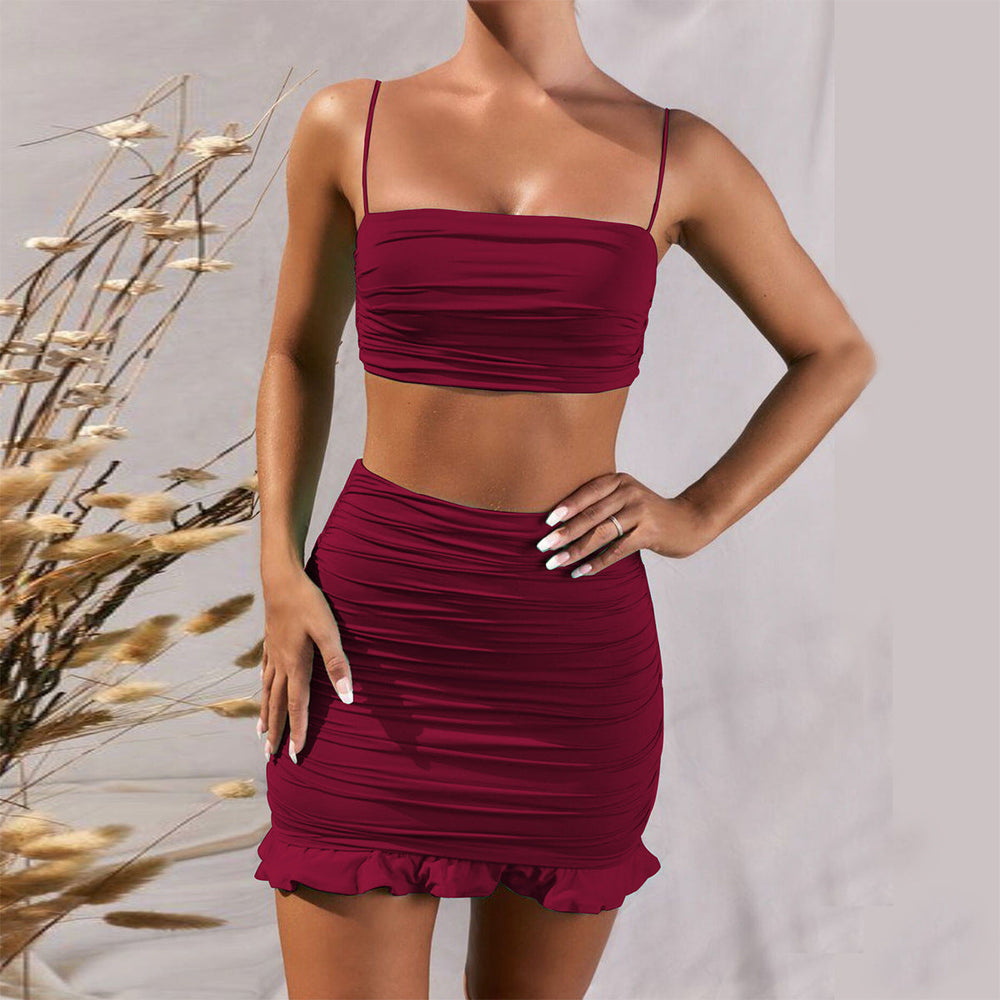 Summer Sexy Sling Vest Pleated Two-piece Set Flounce Peplum Hip-wrapped Dress