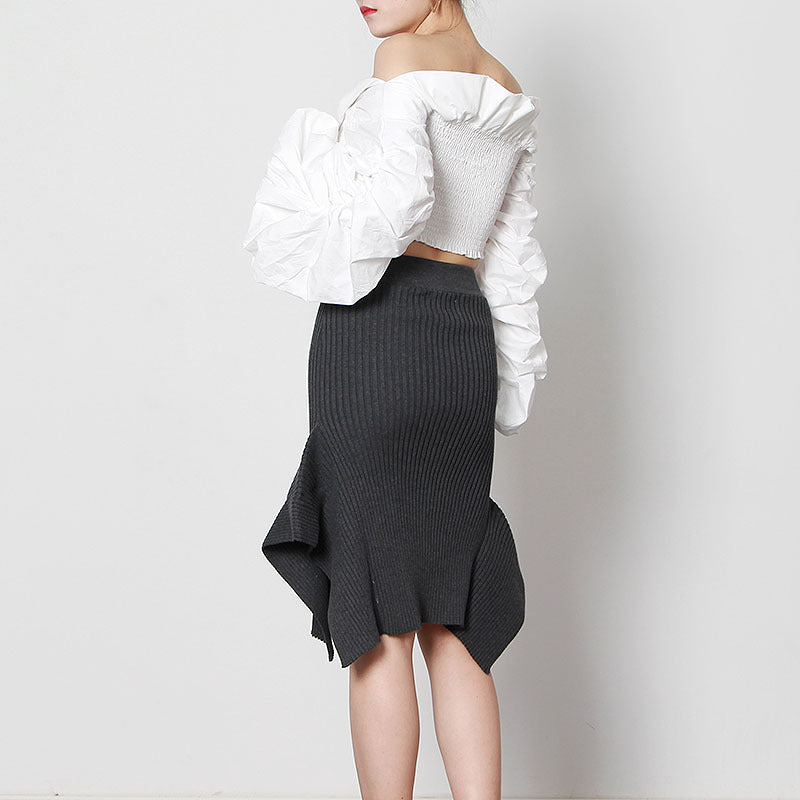 Women Skirt Spring Summer Elegant Mid Length Irregular Asymmetric Elastic Women High Waist Knitted Hip Skirt