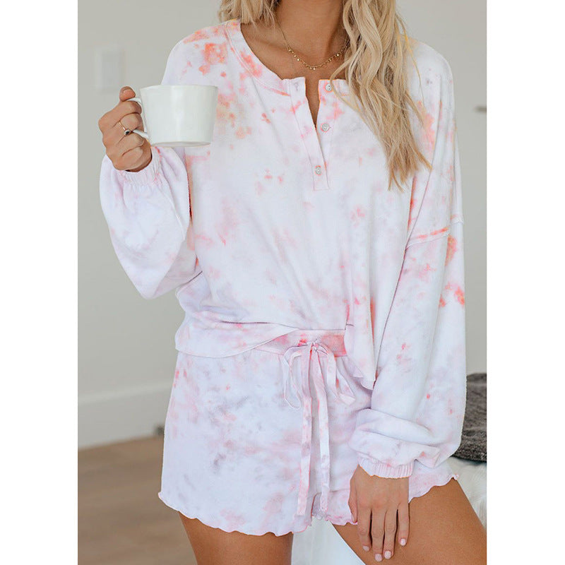 Tie-dyed Printed Casual Long Sleeve Shorts Set