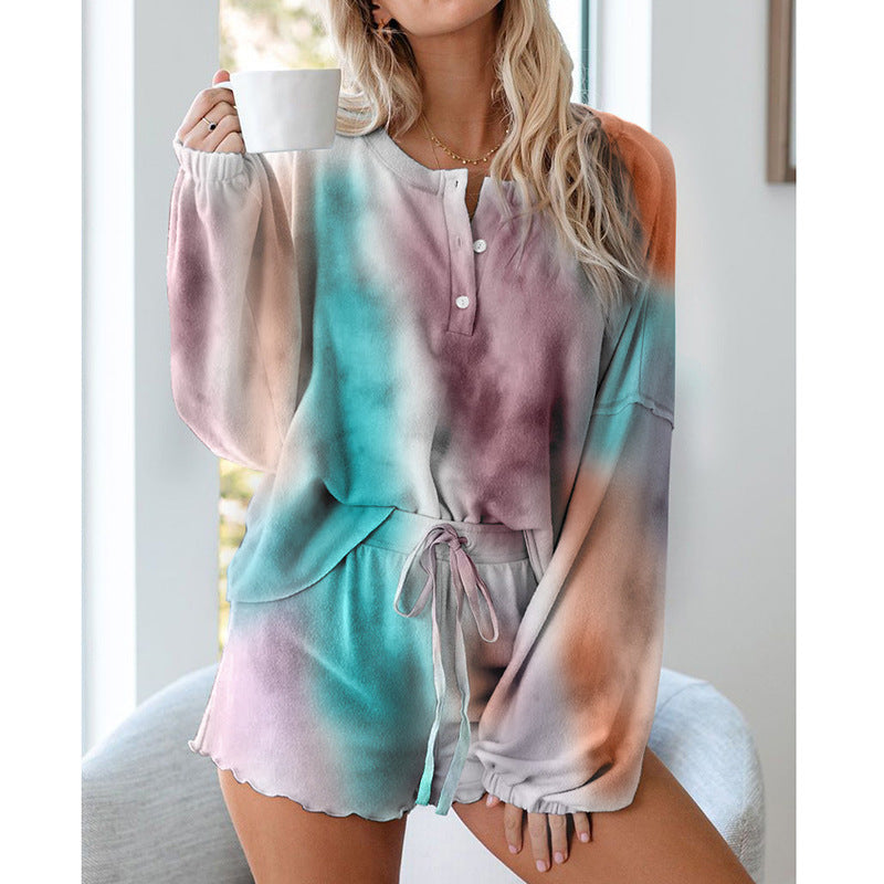 Tie-dyed Printed Casual Long Sleeve Shorts Set
