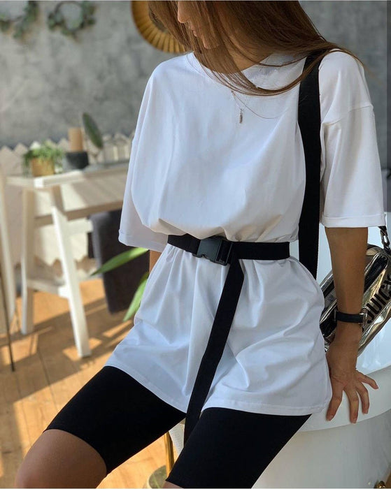 Women Clothing Two-piece Set With Belt Solid Color Home Loose Sports Casual Set