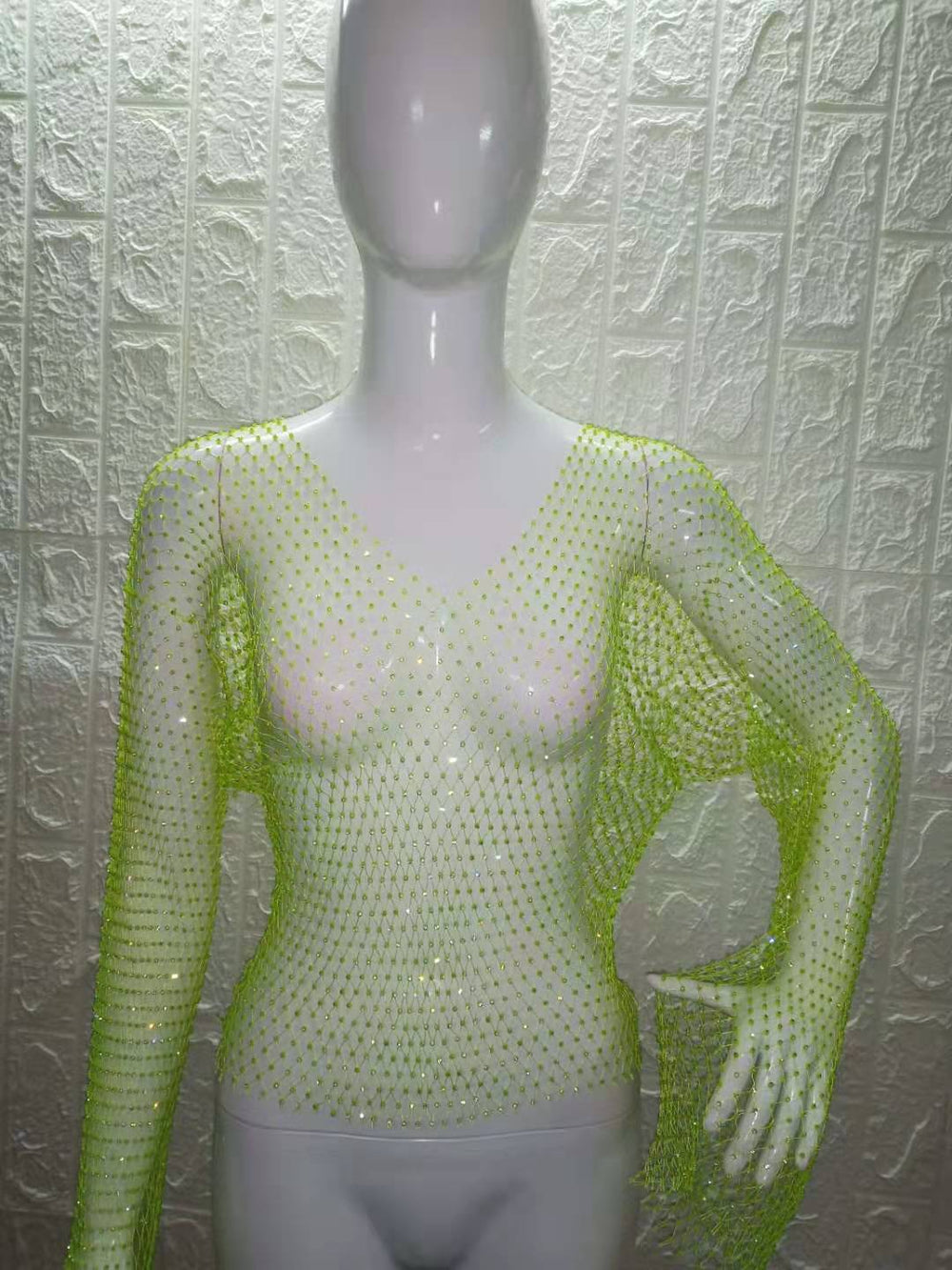 Women Clothing Transparent Sexy Nightclub Women Clothing Grid Rhinestone round Neck Long Sleeve Top