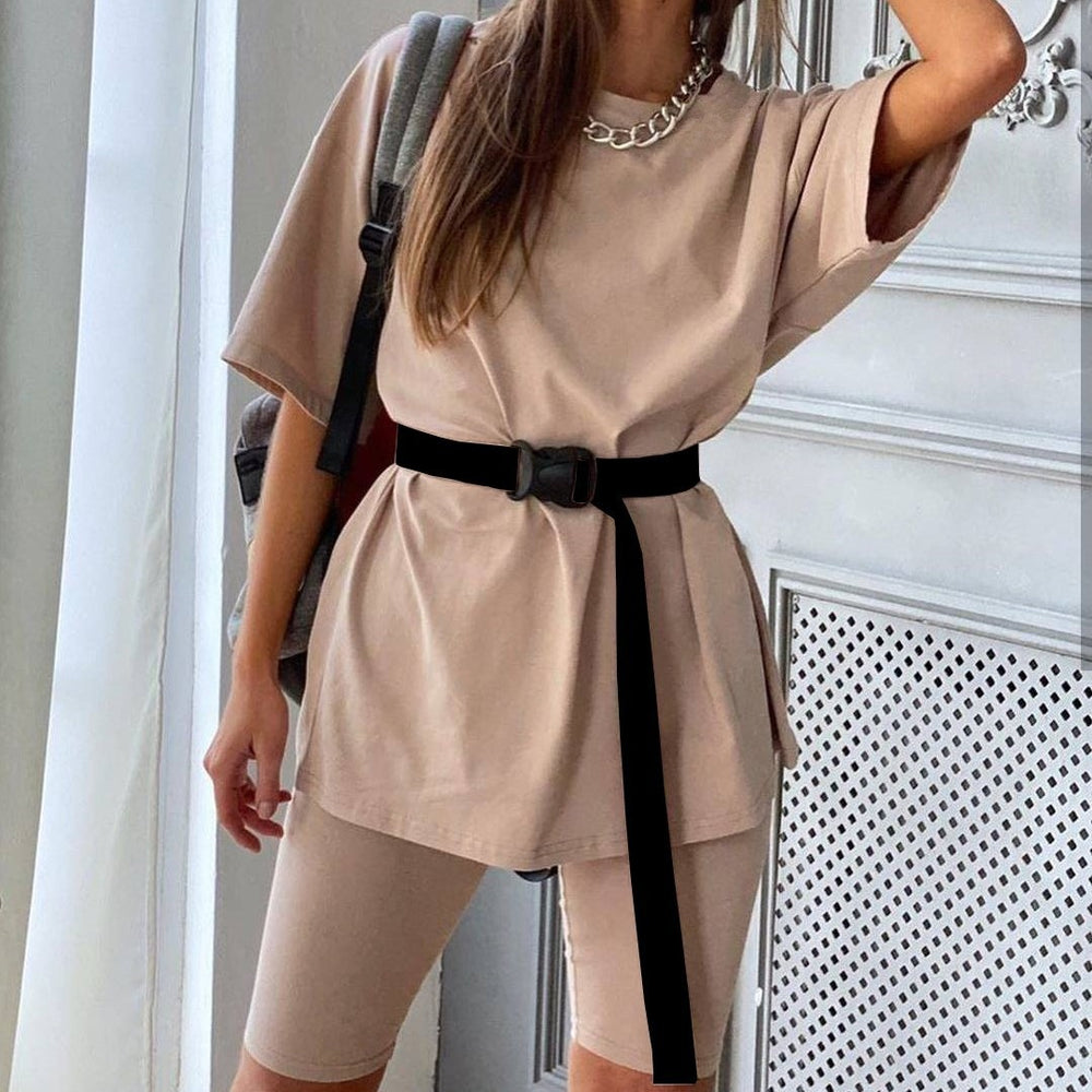 Women Clothing Two-piece Set With Belt Solid Color Home Loose Sports Casual Set