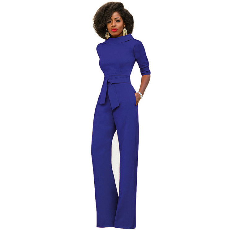 Fall Women Clothing Solid Color Polo Collar Five Quarter Sleeve High Waist Wide Leg Jumpsuit