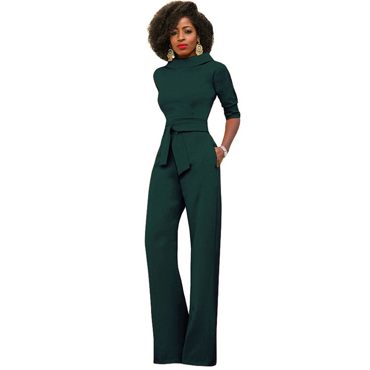 Fall Women Clothing Solid Color Polo Collar Five Quarter Sleeve High Waist Wide Leg Jumpsuit