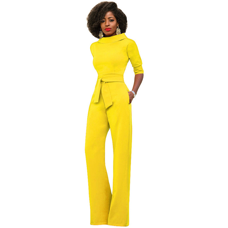 Fall Women Clothing Solid Color Polo Collar Five Quarter Sleeve High Waist Wide Leg Jumpsuit