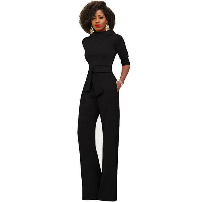 Fall Women Clothing Solid Color Polo Collar Five Quarter Sleeve High Waist Wide Leg Jumpsuit