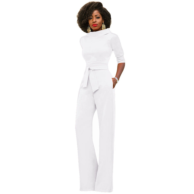 Fall Women Clothing Solid Color Polo Collar Five Quarter Sleeve High Waist Wide Leg Jumpsuit