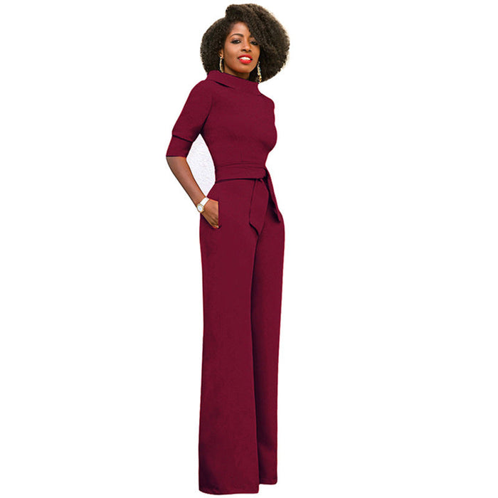 Fall Women Clothing Solid Color Polo Collar Five Quarter Sleeve High Waist Wide Leg Jumpsuit