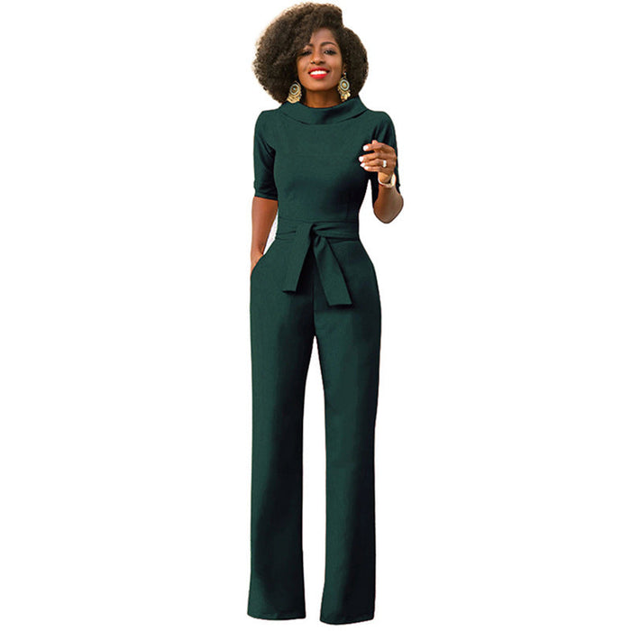 Fall Women Clothing Solid Color Polo Collar Five Quarter Sleeve High Waist Wide Leg Jumpsuit