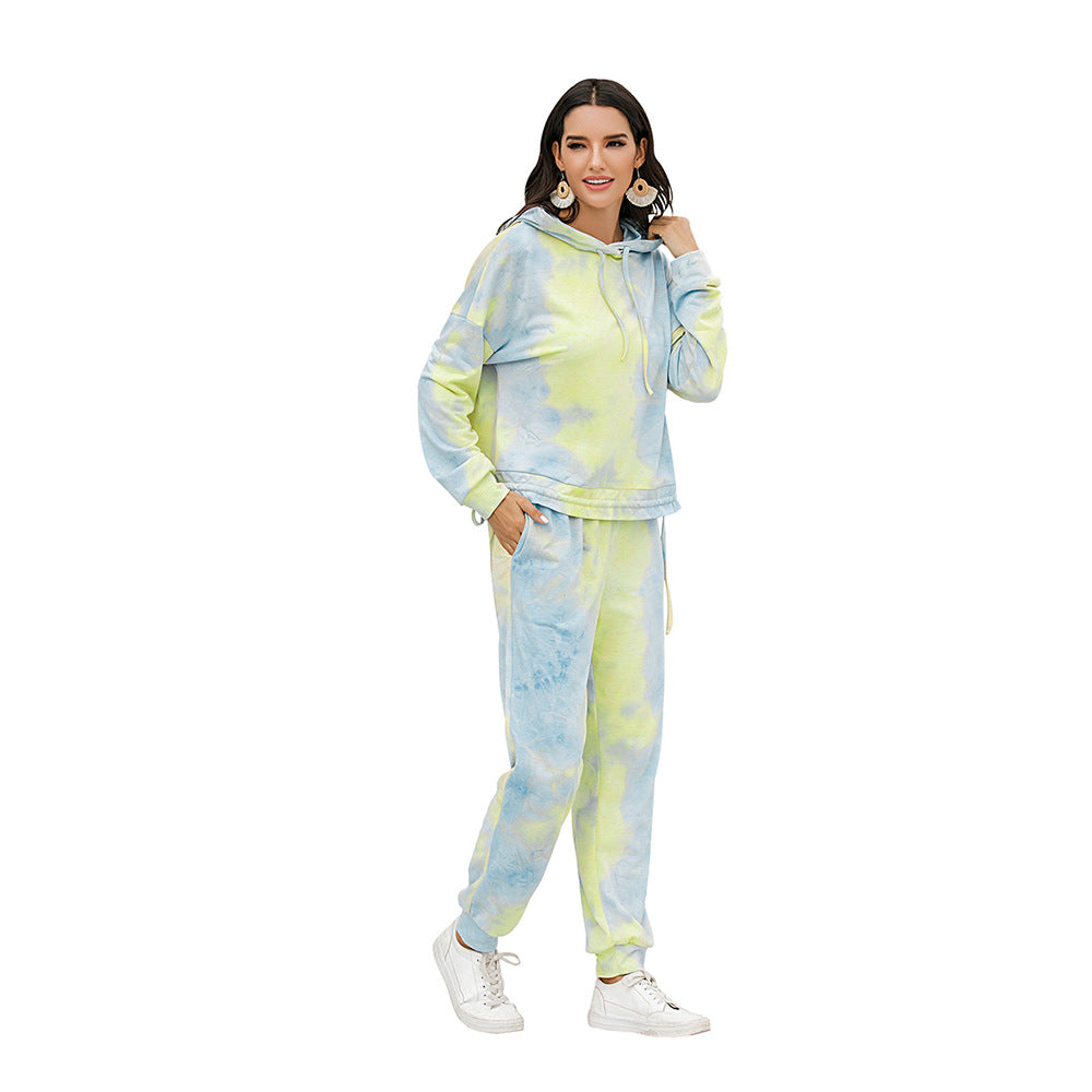 Autumn Winter Hoodie with Drawstrings Long Sleeve Tie-Dyed Casual Sports Suit Sweater for Women