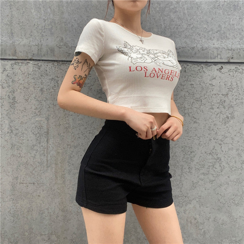Women Short Sleeve Summer Popular Slim Fit Show Umbilical round Neck Angel Print Bottoming T shirt