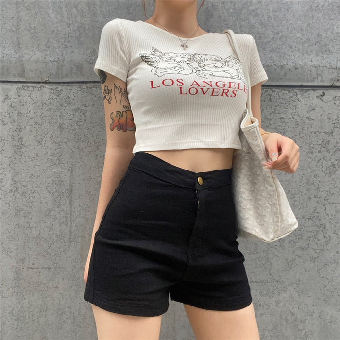 Women Short Sleeve Summer Popular Slim Fit Show Umbilical round Neck Angel Print Bottoming T shirt