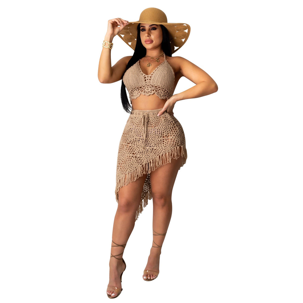 Women Clothing Sexy Handmade Crocheted Tassel Casual Suit Beach Swimsuit Blouse