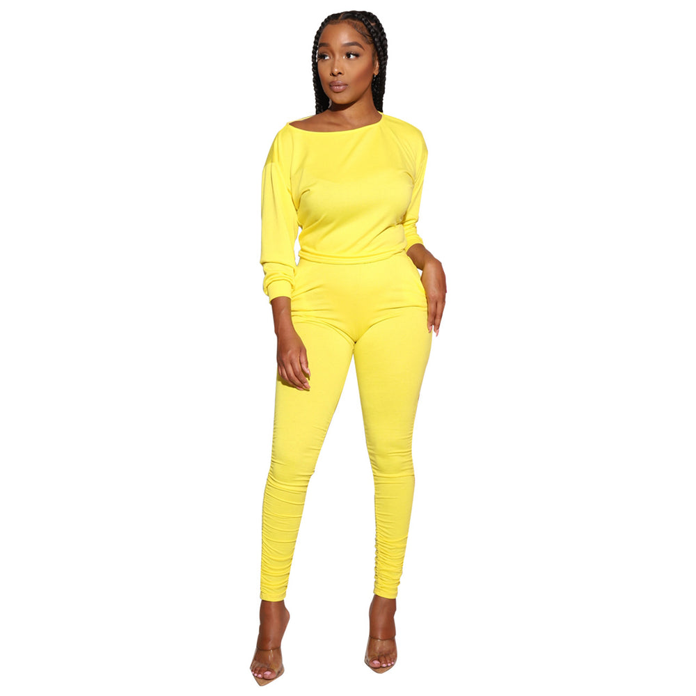 Women Clothing Women Long Sleeved off-Shoulder Pleated Pants Set Two Piece Set