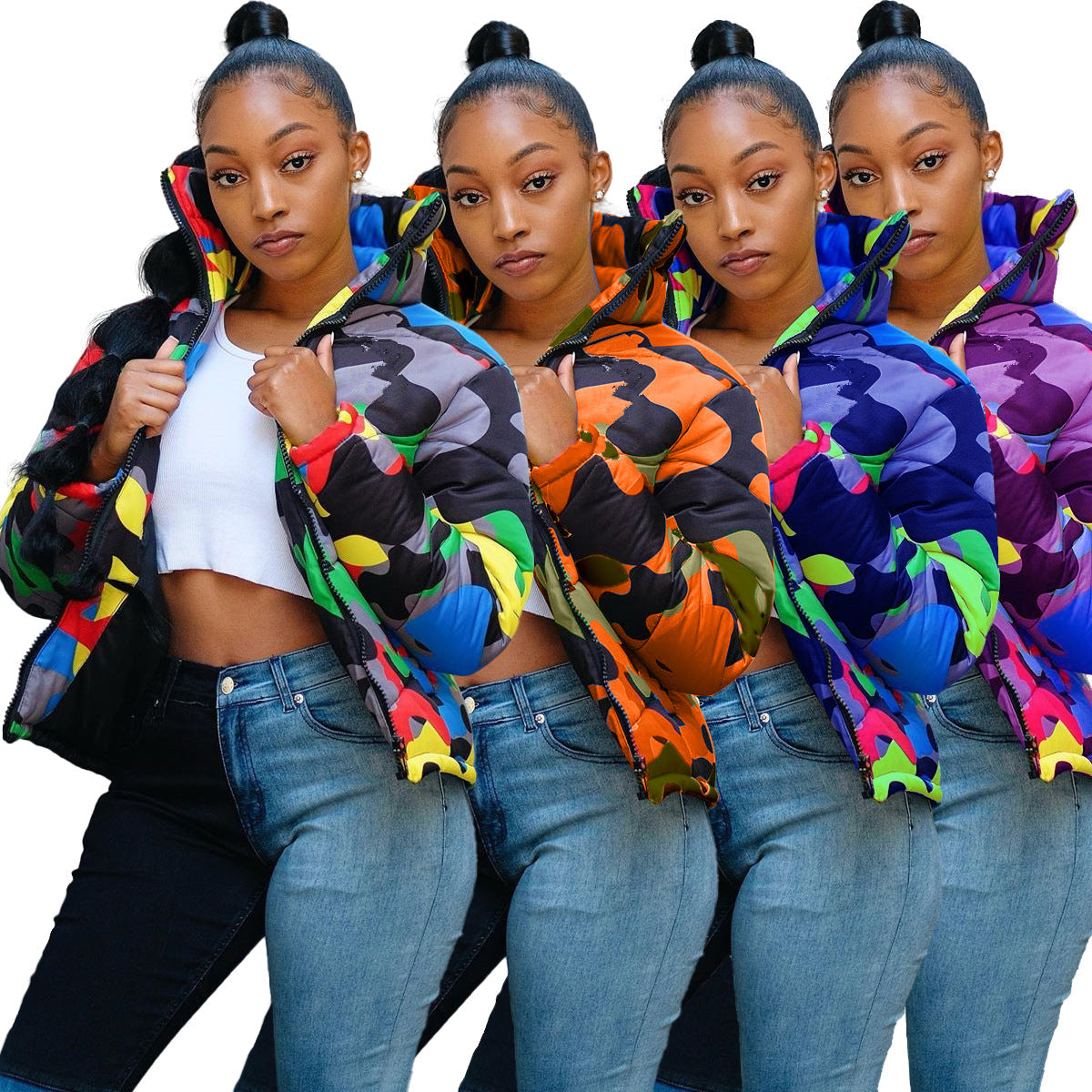 Women Clothing  Wearable Colorful Camouflage Printing Dyeing Bread Coat down Jacket Cotton-Padded Jacket